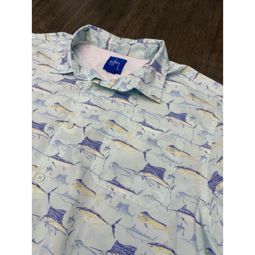 Guy Harvey Mens Blue‎ Marlin Tuna Print Vented Fishing Shirt Short Sleeve Large
